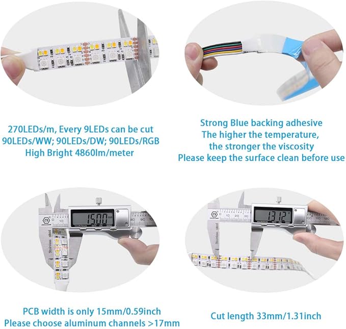 DC12V RGB CCT Color Changing LED Strip Light, 5050 RGB 2835 Warm White Daylight White Double Row Super Bright RGBWW Non-Waterproof Flexible LED Tape Light(DC12V 5meter/16.4ft)