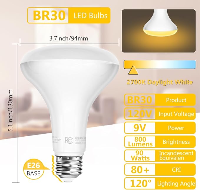 dalattin 24 Pack BR30 LED Bulbs 65W Equivalent, Dimmable Indoor Flood Lights 2700K Soft White, 9W, 800 Lumens, E26 Base, LED Recessed Light Bulb for Living Room, Bedroom, Bathroom, Kitchen