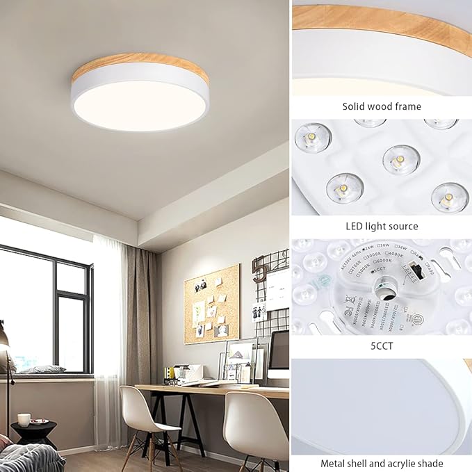 Dimmable Modern Wood Ceiling Light, White LED 5CCT 2700K-6000K Flush Mount Ceiling Lighting Fixture, Round Light Fixtures for Kitchen Entryway Hallway Bedroom Laundry Room-11.8in