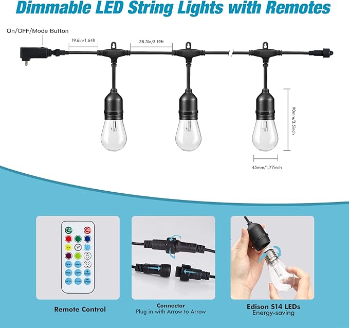 24FT Outdoor String Lights, 12 Shatterproof Edison LED Bulbs, Dimmable RGB Color Changing Patio Lights Waterproof with Remote. for Patio Decor, Garden, Yard, Party, Bistro