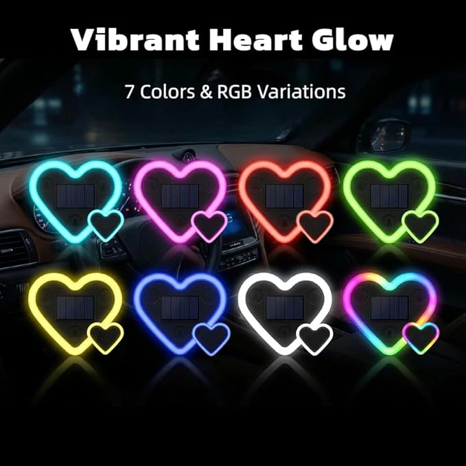 Car LED Ambient Lighting - 7 Colors 8 Modes RGB Solar Powered&USB Charging Two Heart-Shaped Neon Light for Window Car Interior Light Decoration IP65 Waterproof(1Pcs)