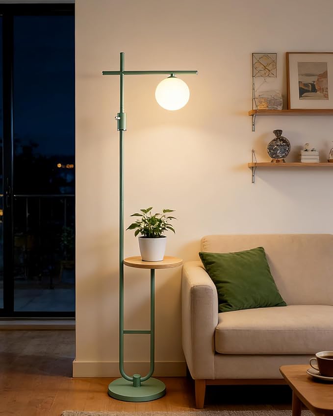 Lightdot Floor Lamps with Storage Table 66IN Black Dimmable, Modern Standing Tall Lamp with Milky White Globe Lampshade, Cross-Shaped Lamp Head and U-Pole Base Style for Living Room/Bedroom/Office