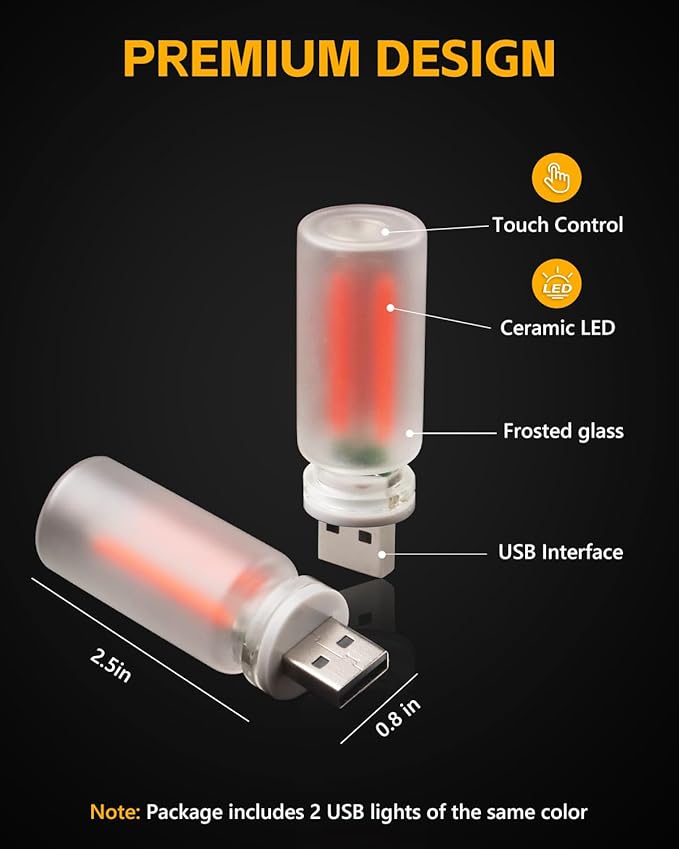 2PCS USB Car Lights, Touch Adjustment Lights, Plug in USB Vehicle Interior Ambient Light, Mini LED Retro Bulb Frosted Glass Night Light for Car, Camping, Holiday Decoration, Party, Bedroom (Red)