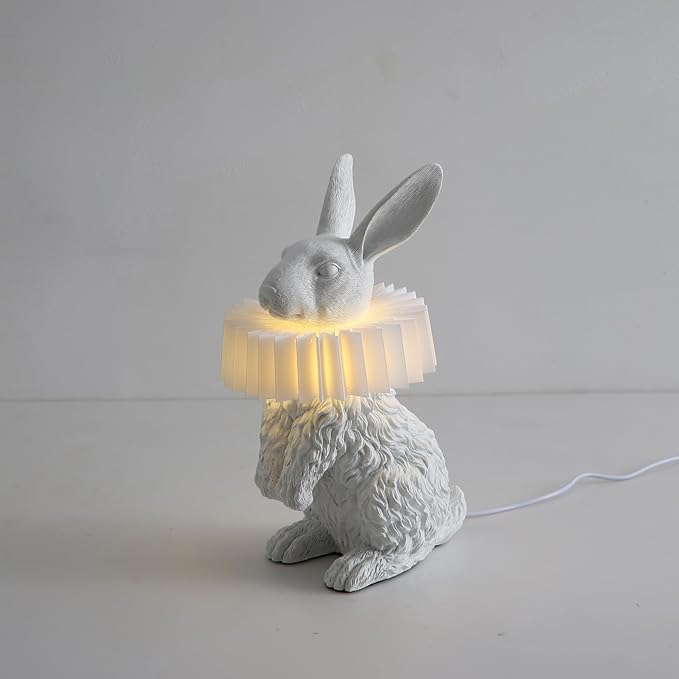 White Rabbit Lamp,Resin Crafted Scarf Bunny Table Lamp Featuring White Pleated PC Lampshade,USB Plug, Energy-Efficient Kids Nightstand Lamp