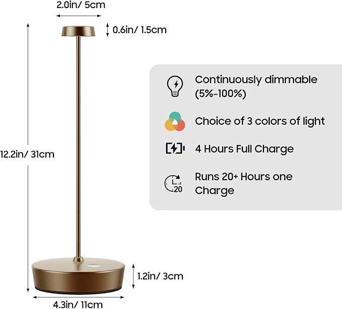 Cordless LED Table Lamp，Rechargeable Battery Desk Lamps, 3 Color Stepless Dimmable Metal Battery Table Lamps, Portable Table Light for Indoor/Outdoor/Restaurants/Bedroom/Bar