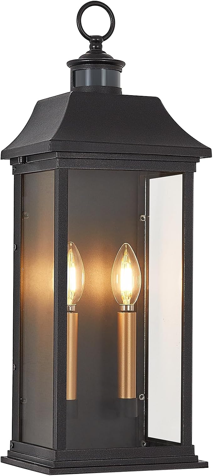 Dusk to Dawn Motion Sensor Outdoor Wall Lantern 2-Light,21.1" Large Exterior Wall Sconce Lighting,Modern Black Wall Light Fixture with Glass, Waterproof Exterior Lamp for Patio, House, Porch, Garage