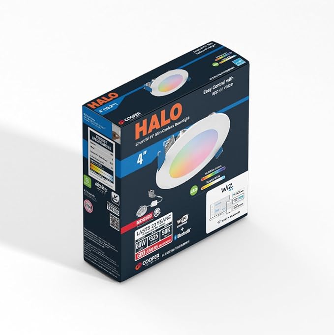 HALO 4” Smart Wi-Fi Slim Canless Recessed LED Downlight Powered by WiZ Pro, Dimmable Full Color with Smart Home Integration - HLB4069WZRGBWMWR