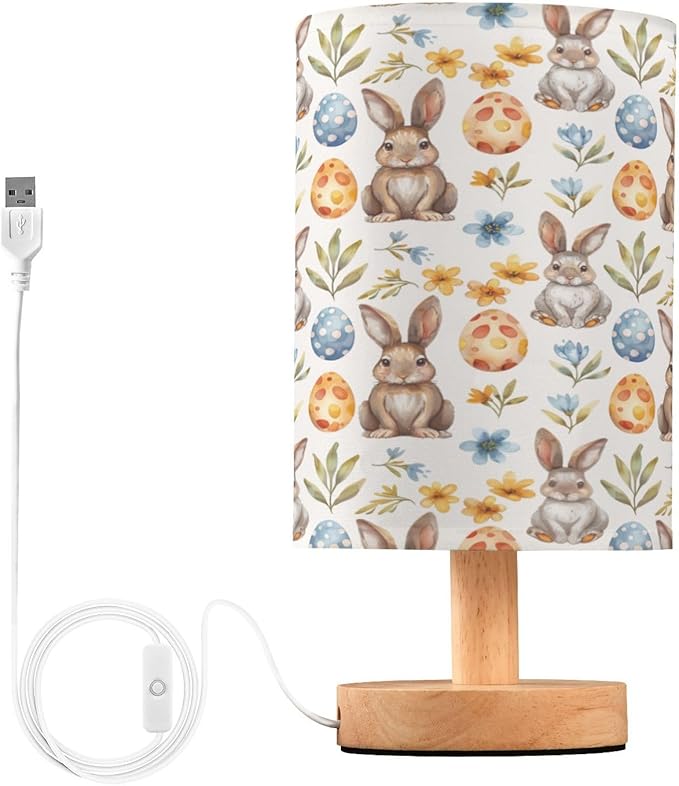 Easter Rabbits Bunny Eggs LED Table Lamp for Bedroom Bedside Lamp with USB Charging Ports Decor Nightstand for Living Room Reading Dorm Desk Home Office