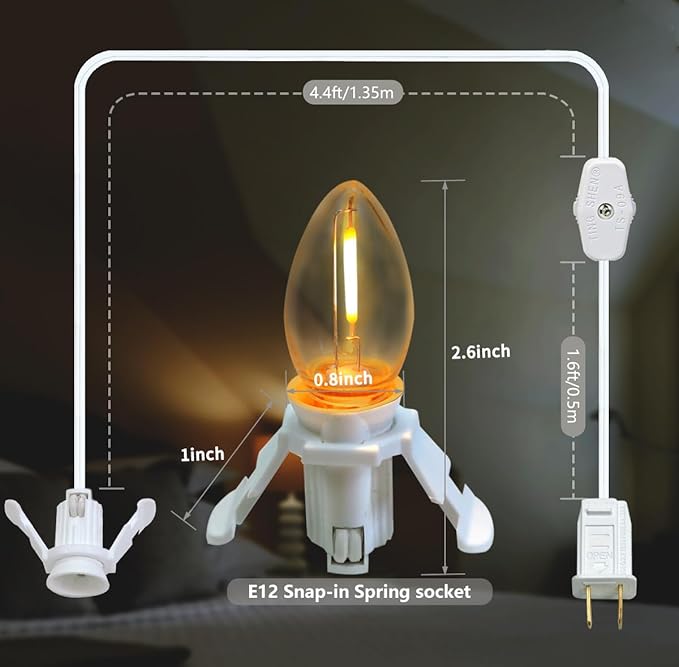 4 Pack Accessory Cord with LED Night Light Bulbs - White Cord with On/Off Switch Plugs - C7 led Bulb Warm White with Spare Fuse for Holiday Decoration and Craft Village House Decoration