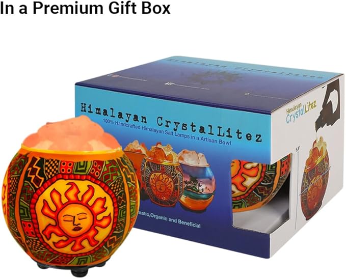 Himalayan CrystalLitez Himalayan Salt Lamp with UL Listed Dimmer Cord, Original Salt Crystals in A Handcrafted Artisan Bowl, Aromatherapy Salt Lamp (Ethnic Tribal Sun)