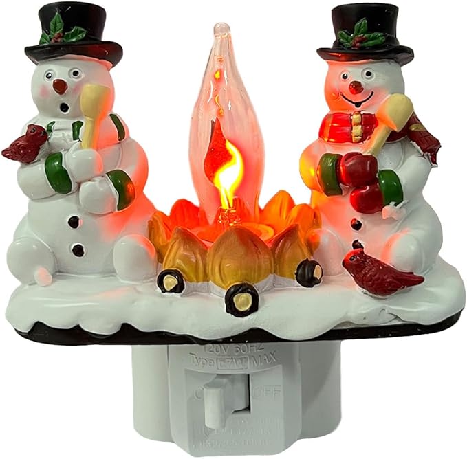2025 Christmas Night Light, 3D Christmas Snowman Campfire Nightlight, Christmas Eve Campfire Flickering Night Light Gifts for Family, 120V Plug-in Powered for Festive Ambiance