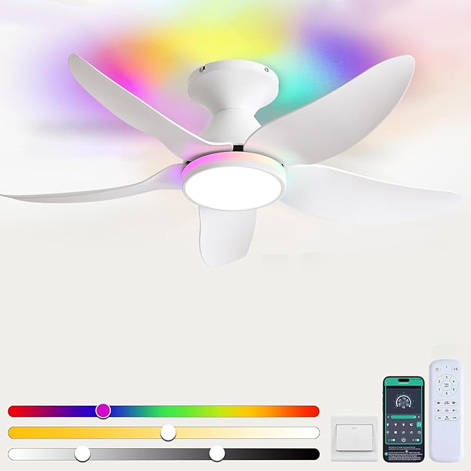 Ceiling Fans with Lights Remote/APP Control, 38" Low Profile Ceiling Fans with Dimmable White Colors+Ring RGB Lights, 6 Speeds 5 Reversible Blades for Kids Room Bedroom Living Room, White