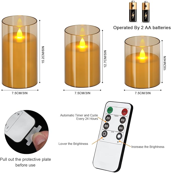 Flameless Candles 4" 5" 6" Set of 12 Acrylic Glass Pillars 3" Diameter Battery Operated Flickering Candles Include 8-Key Remote with Timer Function 400+ Hours (Amber, 12 Pack)