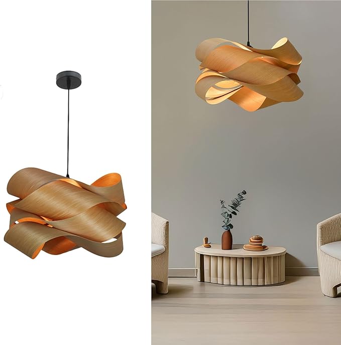 Modern Pendant Light, Nordic Organic Pendant Light, Woven Wood Wave Shade Hanging Lamp, Natural Tone Ceiling Lighting Fixture, for Living Room, Dining Room, Bedroom, Hallway Decor.(Dark Color)