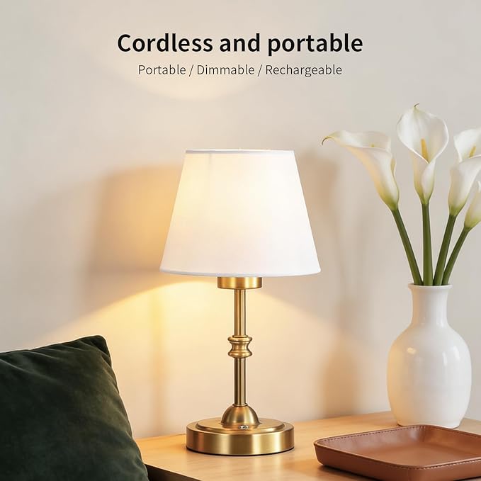 Portables Cordless Table Lamp, LED Fabric Shade Desk Lamp,Rechargeable Battery Operated，Lighting for Bedroom, Bedside,Bar,Living Room, Dining Room, Night Light (Brass)