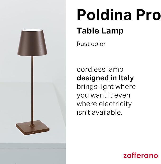 Zafferano, Poldina Pro Lamp, Rechargeable Cordless Table Lamp with Touch Controls, Suitable for Indoor and Outdoor, Dimmer, 2200-3000 K, Height 14.9 Inches, Rust Color