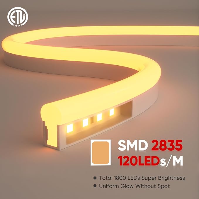 Shine Decor LED Neon Rope Lights AC 120V, ETL-Listed Flexible 120LEDs/M Dotless Strip Lighting, Custom Cuttable & IP65 Waterproof for Indoor Outdoor, 7x14.5mm, 3000K Warm White, 50FT