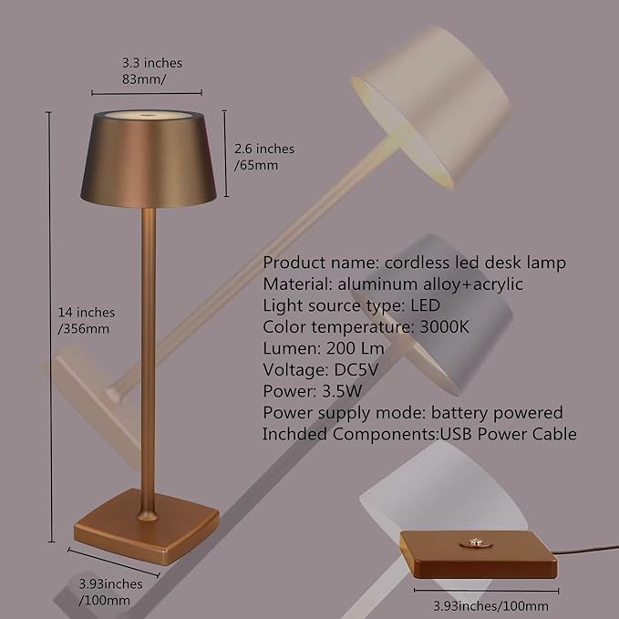 Rechargeable led Cordless Table Lamps,Aluminum, dimmable, Suitable for Indoor and Qutdoor Lighting Wireless Charging Brown