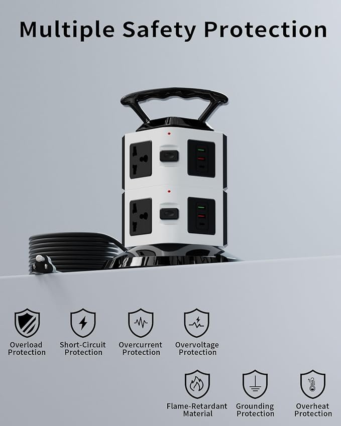 Power Strip Tower with 6 Outlets, 4 USB-A & 2 USB-C Ports, 1875W/15A Heavy Duty Charging Station for Multiple Devices, Plug Tower with 6ft Extension Cord, for Home, Office, Dorm