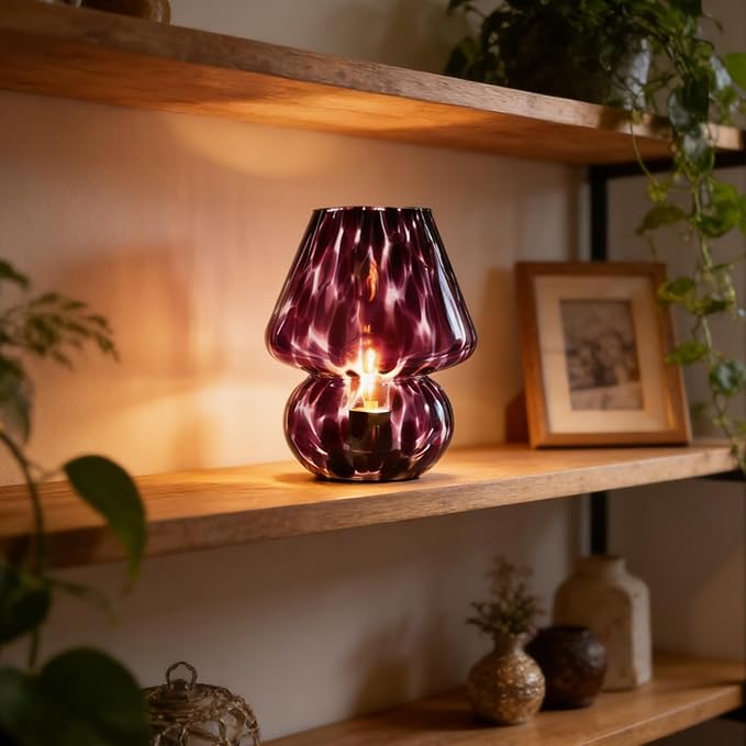 Glass Mushroom Lamp, Mushroom Desk Lamp with LED Bulb, Small Purple Battery Operated Cordless Lamps for Kitchen Counter, Bedroom Nightstand, Living Room, Gift for Mom
