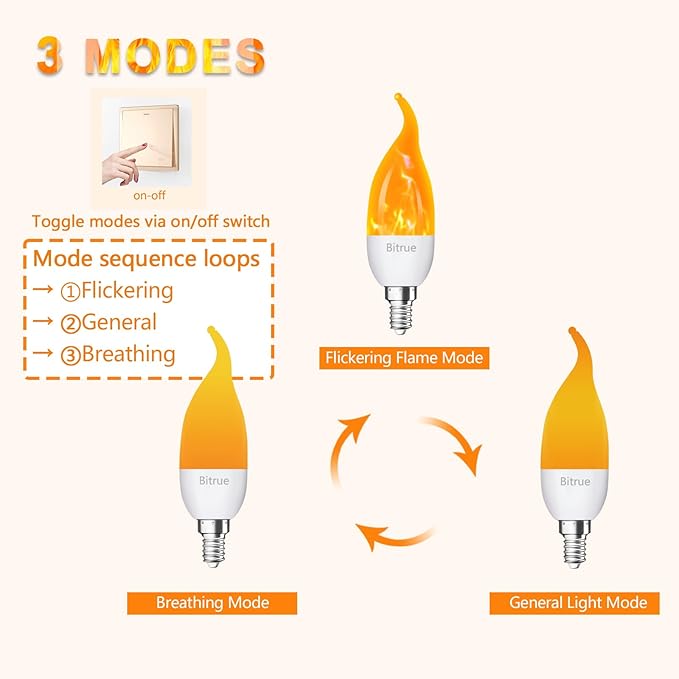 Bitrue LED Flickering Bulbs, 3 Modes Flickering Effect, E12 Chandelier Base Candle Flicker Bulb, Flicker Light Bulbs for Halloween Home Decor (E12-6 Pack)