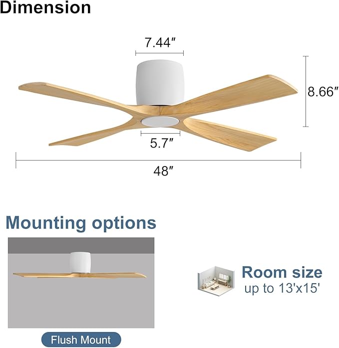 WINGBO Ceiling Fan no Light - 48 inch Solid Wood Flush Mount Ceiling Fan with Remote,4 Reversible Blades, 6-Speed Noiseless Powerful DC Motor, ETL Listed,White+Light Wood