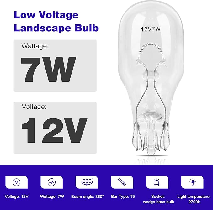 20 Pcs-7w 12v Low Voltage Landscape Light Bulbs, T5 Low Watt Incandescent Lights Replacement Deck Lights Bulb, 7 Watt Light Bulbs for Home Cabinet Automotive Outdoor Garden Deck Yard