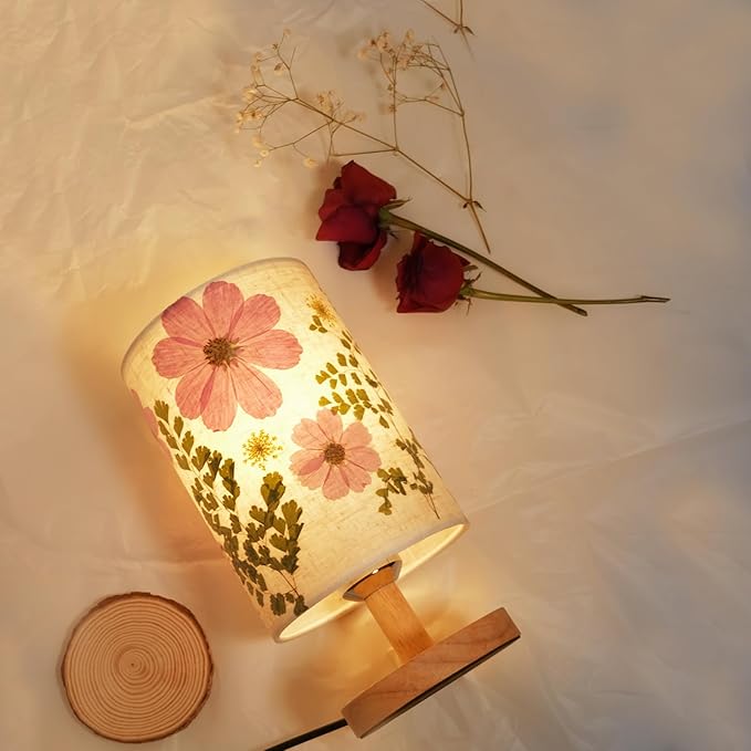 Dried Flowers Small Table Lamp 9W LED Dimmable Warm Light Pressed Flower Bedside Lamp Linen Shade with Wood Base for Bedroom Living Room Desk Nursery