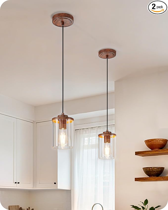 EDISHINE 2 Pack Farmhouse Pendant Lights Kitchen Island, Adjustable Pendant Light Fixtures with Brown Wood Grain Finish and Clear Glass Shade, Island Lights for Kitchen, Hallway(Bulb Not Included)