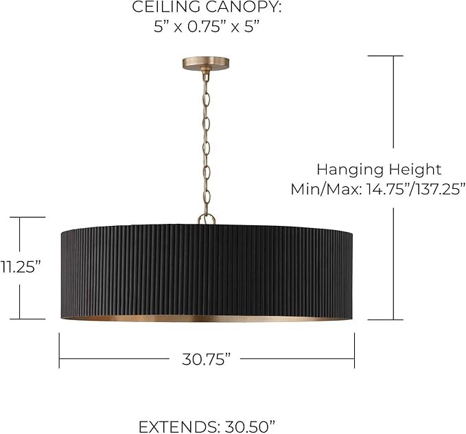 Capital Lighting 450741KR Donovan Mid-Century Modern Artisan Luxe Fluted Mango Wood Drum Chandelier, 4-Light 400 Total Watts, 11" H x 31" W, Black Stain and Matte Brass
