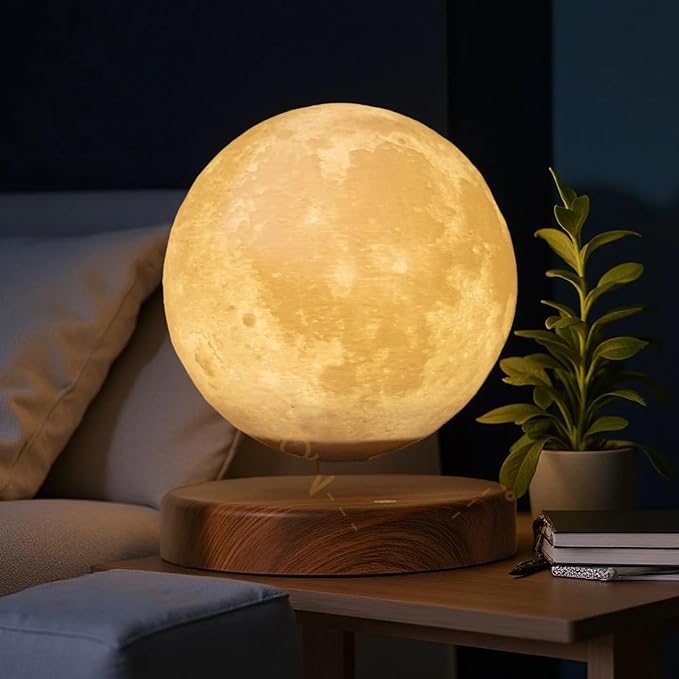 NOBRAND Magnetic Levitating Moon Lamp with LED Light, Floating Moon Desk Lamp with Wooden Base, Decorative Night Light for Home Office Bedroom, White