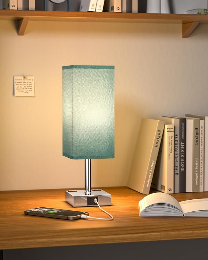 Touch Bedside Table Lamp for Nightstand - 3-Way Dimmable Night Lamp with USB A + Type C Charging Ports and Two AC Outlets, Small Desk Light with E26 Bulb for Bedroom Living Room Dorm, Turquoise