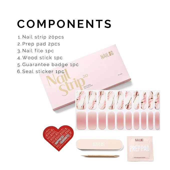 Semi Cured Gel Nail Strips - NAILOG 20 Pcs Pale Pink Nail Stickers Extra Long Wraps with Glossy Gel Finishing, Like A Feather