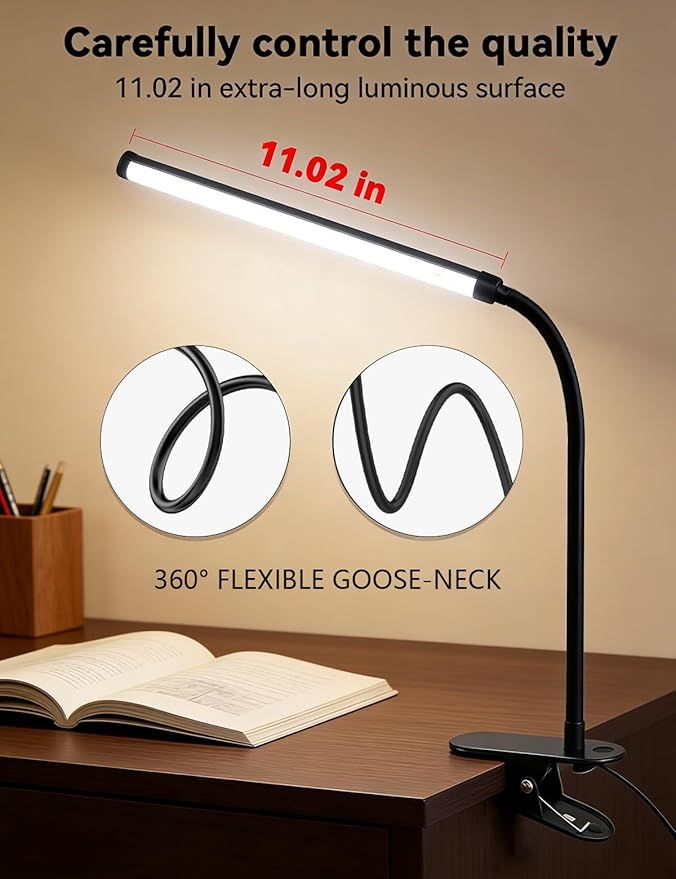 2 Pack LED Clip on Reading Light, 360 Flexible Gooseneck Dimmable Desk Lamp with Clamp, Eye-Caring Bedside Lamp for Bedroom Office Home Study, Computer Monitor Light Bar