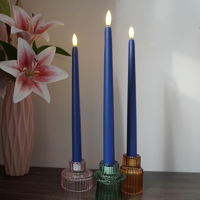 Navy Blue Flameless Taper Candles with Remote Timer, Flickering Battery Operated LED Candlesticks Set of 6