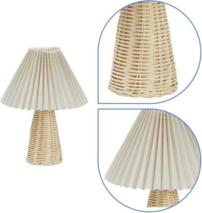 Small Table Lamp, Pleated Table Lamp Bedside Night Lamp with Rattan Base Fabric Pleated Lampshade Vintage Design Soft Warm Light for Bedroom Decor Living Room Reading Office Dorm Coffee Shop