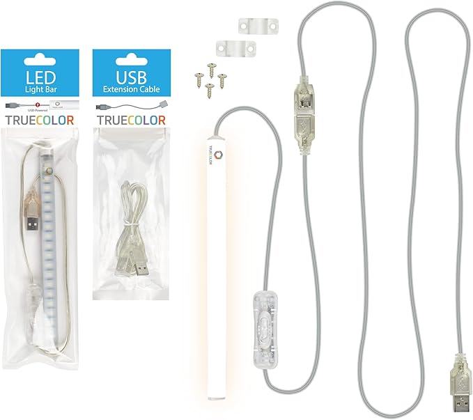 TrueColor 8” Semi-Frosted USB-Powered LED Light Bar Kit with 48" USB Extension Cable - Easy-Install LED Bar Light & Extender Cord Bundle - Adhesive & Light Bar Mounting Brackets Included (Soft White)