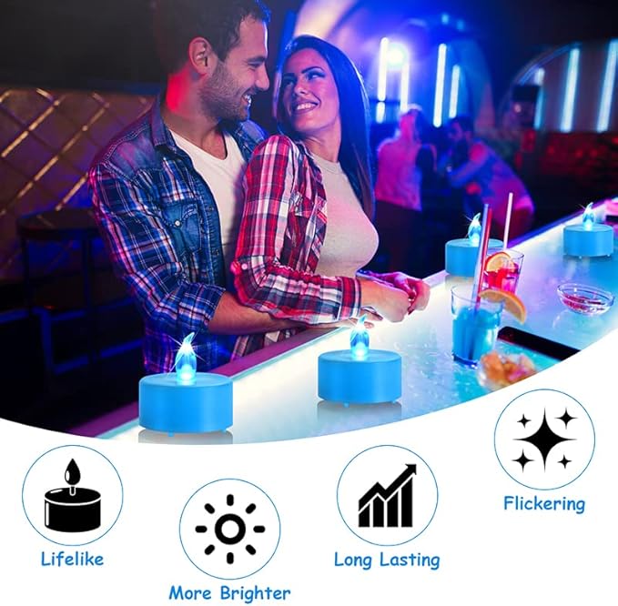 PILLOBOX Battery Operated Flameless Tea Lights: 24PACK LED Electric Candles Lamp Realistic and Bright Flickering Holiday Gift Long Lasting for Birthday Wedding Party Home Decoration (24PACK Blue)