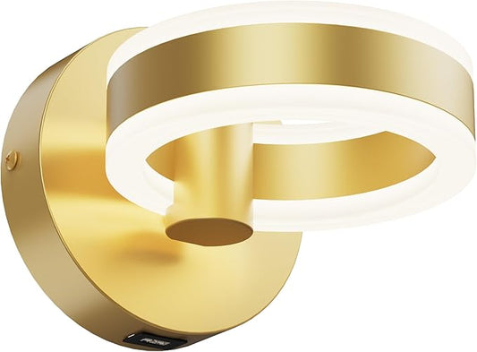Wall Lamp LED Wall Sconce Rotatable Up-Down Sconces Wall Lighting with Built-in Switch and USB Charging Port 110 Volt AC Hardwired Wall Light (Gold)