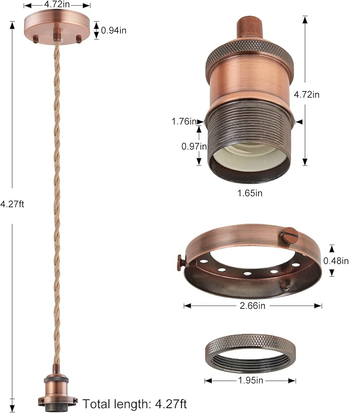 Industrial Mini Pendant Light Kit, E26 Socket Pendant Hanging Light, Hemp Rope Vintage Hanging Pendant Light Cord, Adjustable Pendant Lights Ceiling Mount Kitchen Island Farmhouse