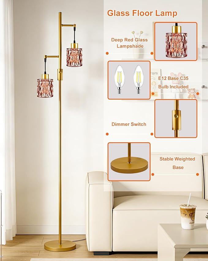 2-Light Gold Floor Lamp, 65IN Tall Standing Lamps Dimmable with Rose Red Glass Lampshade, 3000K Warmwhite Mid Century Modern Floor Lamp for Living Room/Bedroom