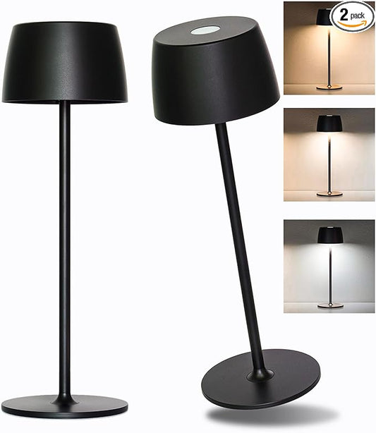 2-Pack Rechargeable Cordless Table Lamp — Waterproof IP54, Portable Indoor Outdoor Lights for Restaurant/Patio/Bar (Black)