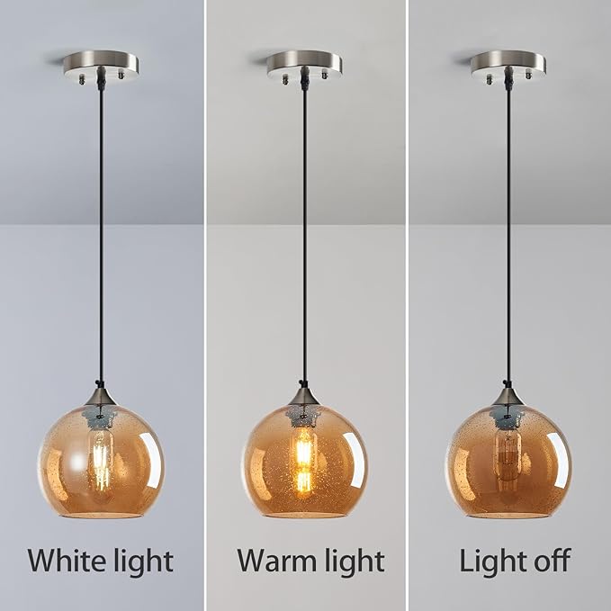 Amber Glass Pendant Lights Kitchen Island Lighting Globe Pendant Light Fixtures Modern Pendant Lighting for Bedroom Living Dining Room Light Fixture (7.87 in, 2 Pack)