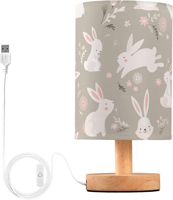 Table Lamp Easter Bunnies Rabbit Floral Nightstand Lamp with Wood Base Fabric Lamp Shade Bedside Desk Lamp for Living Room Bedroom Kids Room Office