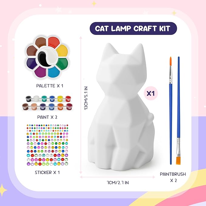 Paint Your Own Cat Lamp Kit, Arts & Crafts DIY Cat Crafts Night Light for Kids Ages 4-8,Art Supplies Party Favor Painting Kit,Christmas Birthday Gifts for Girls Boys Age 4 5 6 7 8 9 10 11 12