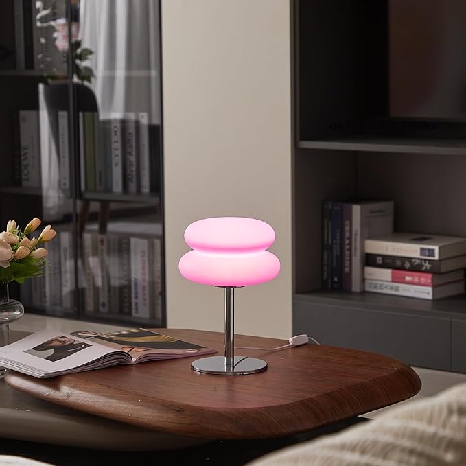 Pink Mushroom Lamp, Mid Century Modern Lamp for Nightstand, Dimmable Retro Egg Tart Bedside Lamps, Home Decor Ambient Lighting Aesthetic Cute Lamps for Bedroom Living Room (NOT Glass)