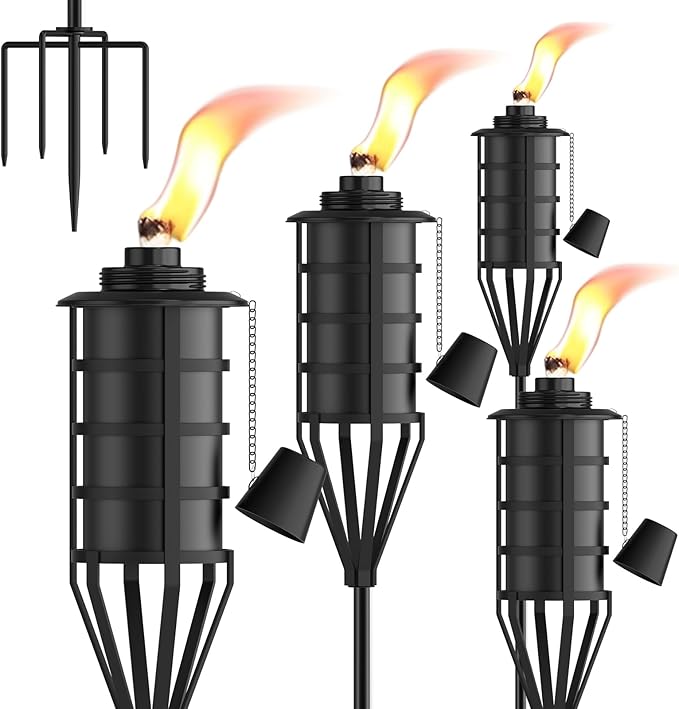 Home Garden Torch Set of 4，Large Capacity 22oz Outdoor Metal Torch Garden Décor，59.5 inch Upgraded Citronella Torches with 5-Prong Grounded Stake，Metal Torch Light for Party Patio Pathway