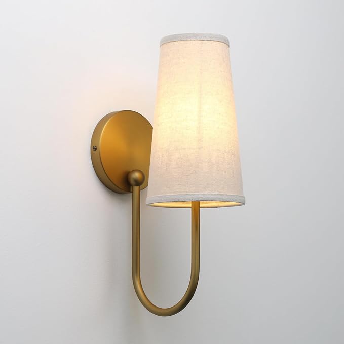 Pathson Set of 2 Linen Fabric Wall Sconces, Hardwired Curved Arm Bathroom Vanity Light with Cone Cloth Shade, Brass Indoor Wall Decor Lamp for Living Room, Kitchen, Bedroom, Foyer