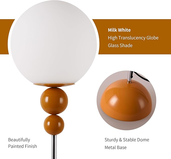 Modern Floor Lamps for Living Room, Globe Glass Shade Floor lamp for Bedroom, Standing lamp for Office, Corner(Orange)