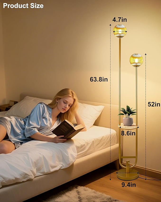Lightdot Glass Floor Lamp with Tray, 2Pcs 3000K Warm White Bulbs Included, Mid Century Modern Standing Lamps, Gold Dimmable Globe Floor Lamp for Living Room/Wedding/Party//Sofa Beside/Corner Decor